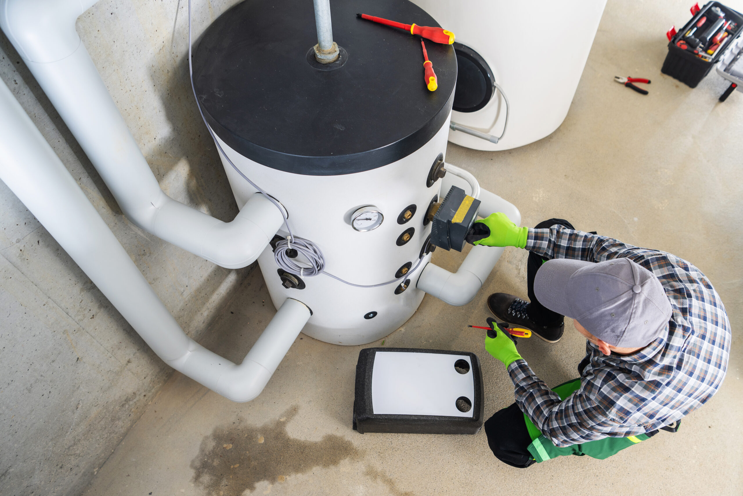 Heating System Technician Performing Regular Maintenance leaky faucet